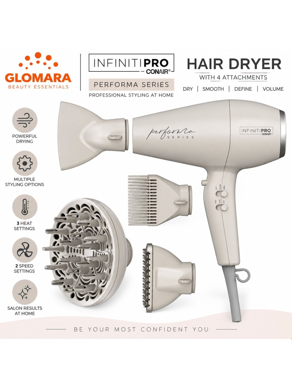 InfinitiPRO Conair Performa 889CGD 1875W Ionic Ceramic Hair Dryer 4 Attachments